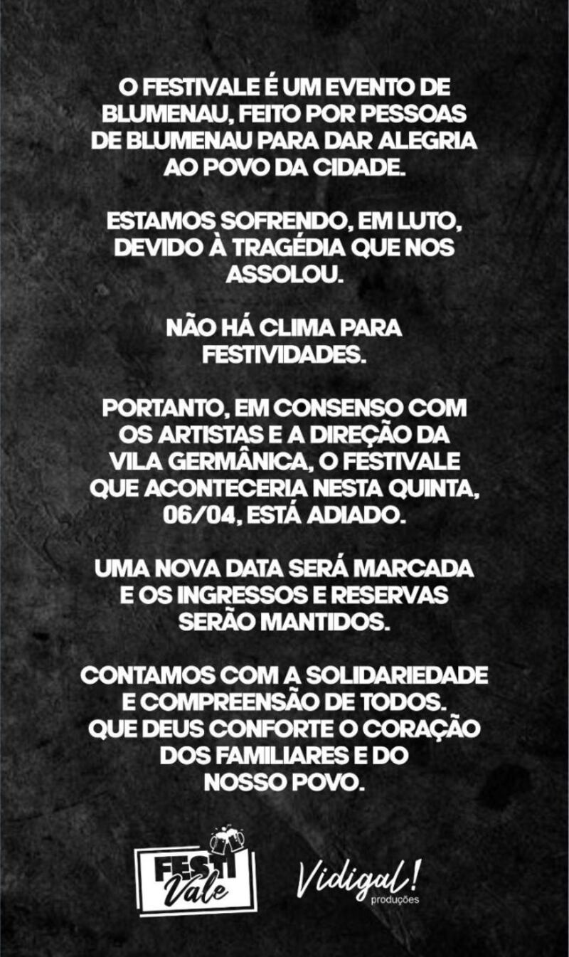 Nota informa o adiamento de festival após tragédia em Blumenau