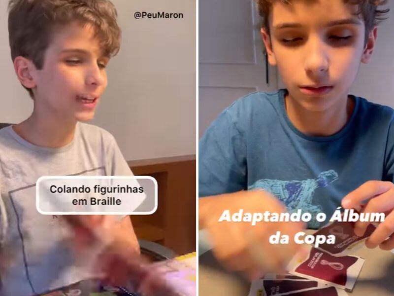 Garoto cego de nascença faz sucesso ao colecionar álbum de figurinhas adaptado