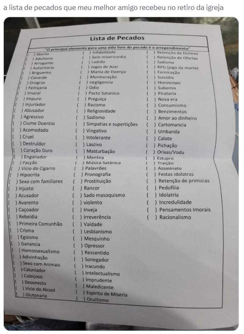 Lista de pecados teria sido entregue em retiro de igreja