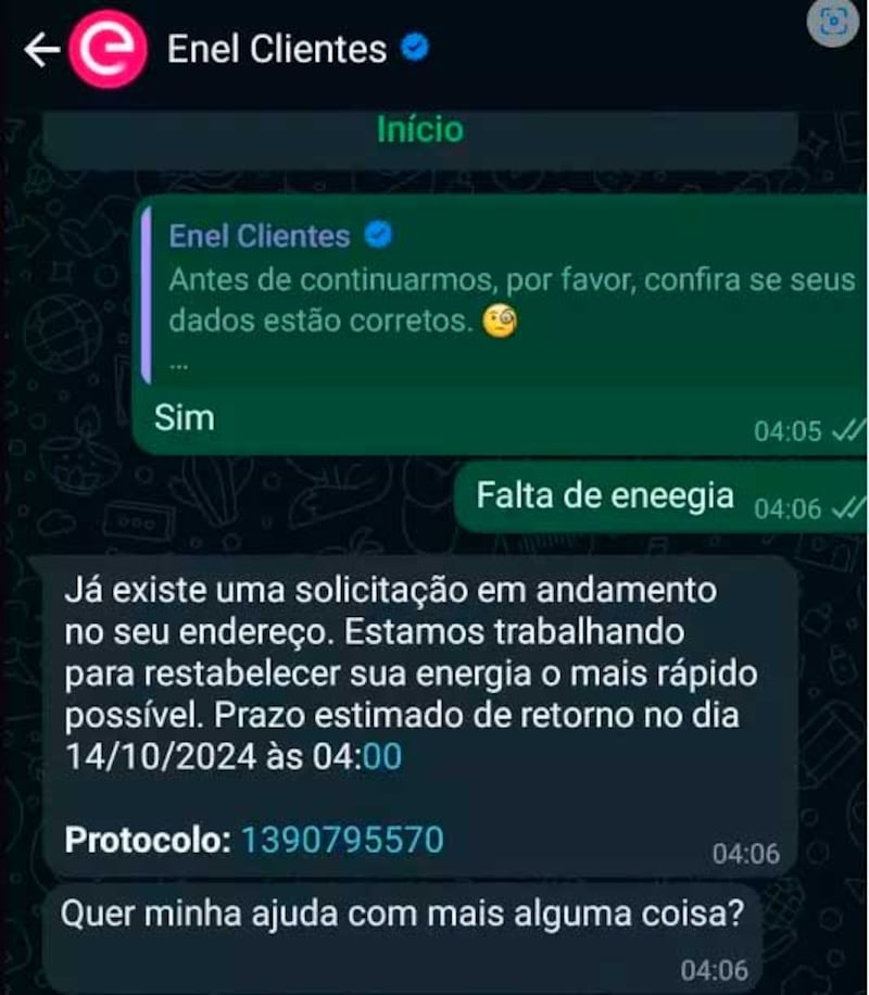 Comunicado da Enel no WhatsApp