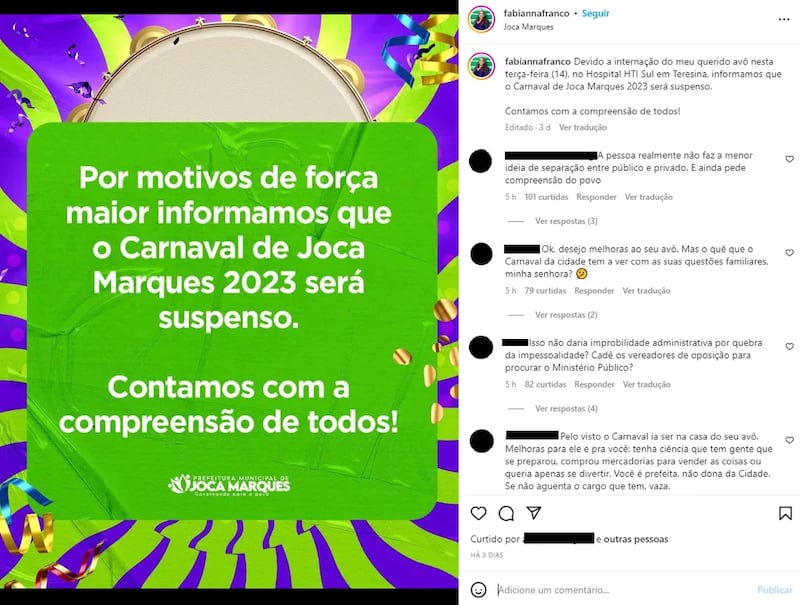 Prefeita anuncia cancelamento do Carnaval devido à hospitalização do avô