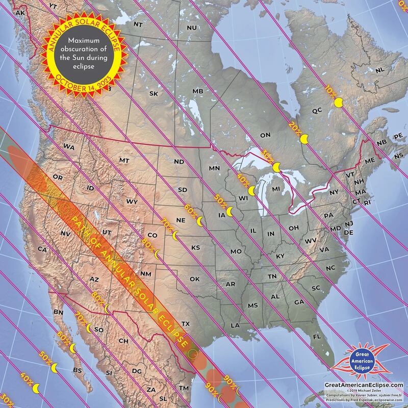 Mapa del eclipse solar anular del 14 de octubre de 2023