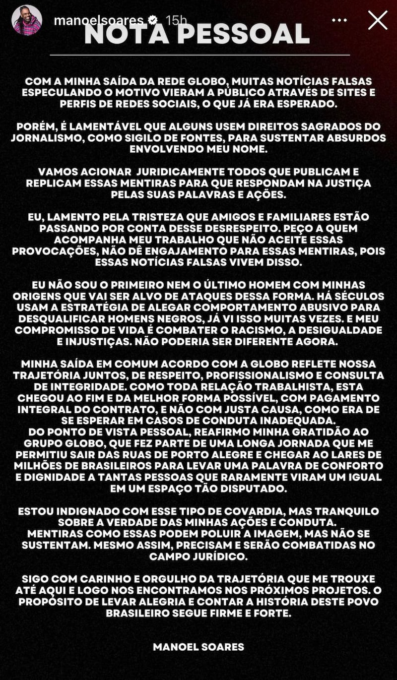 Pelo Instagram, Manoel Soares solta nota sobre polêmicas envolvendo a TV Globo