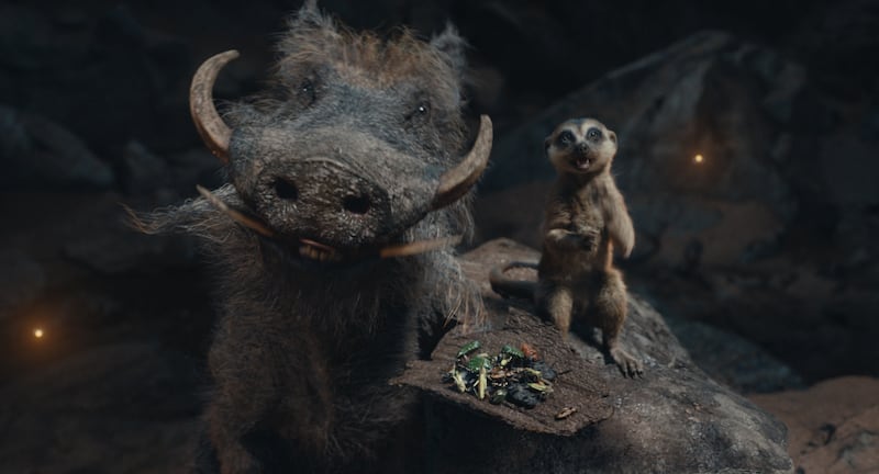 (L-R): Pumbaa (voiced by Seth Rogen) and Timon (voiced by Billy Eichner) in Disney’s live-action MUFASA: THE LION KING. Photo courtesy of Disney. © 2024 Disney Enterprises Inc. All Rights Reserved.