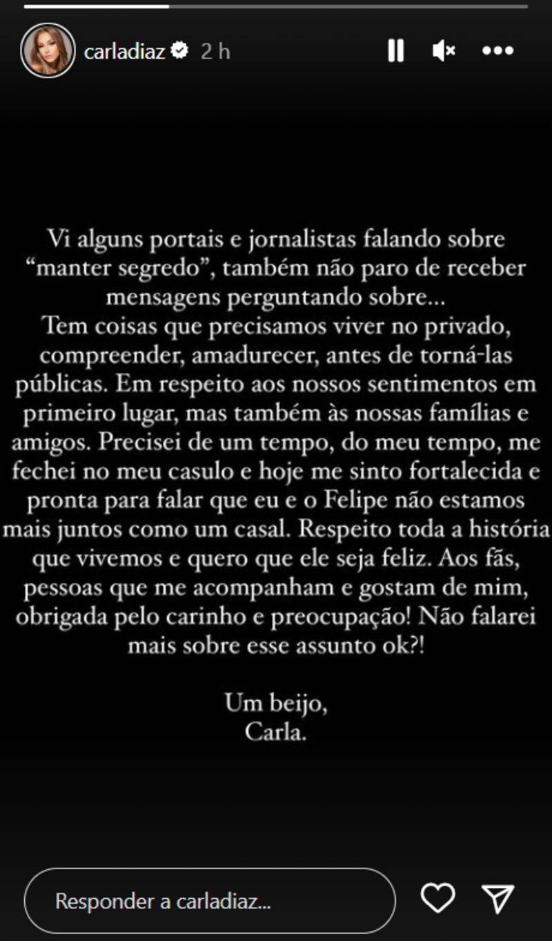 Carla Diaz anunciou o fim do seu noivado por meio de um stories em seu Instagram
Foto: @carladiaz