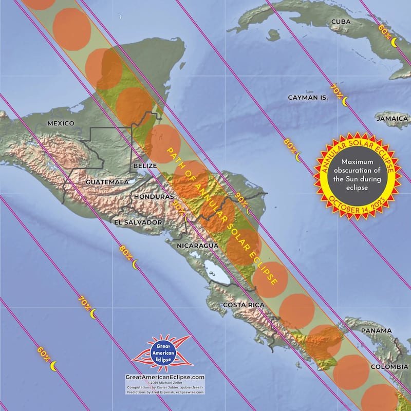 Mapa del eclipse solar anular del 14 de octubre de 2023