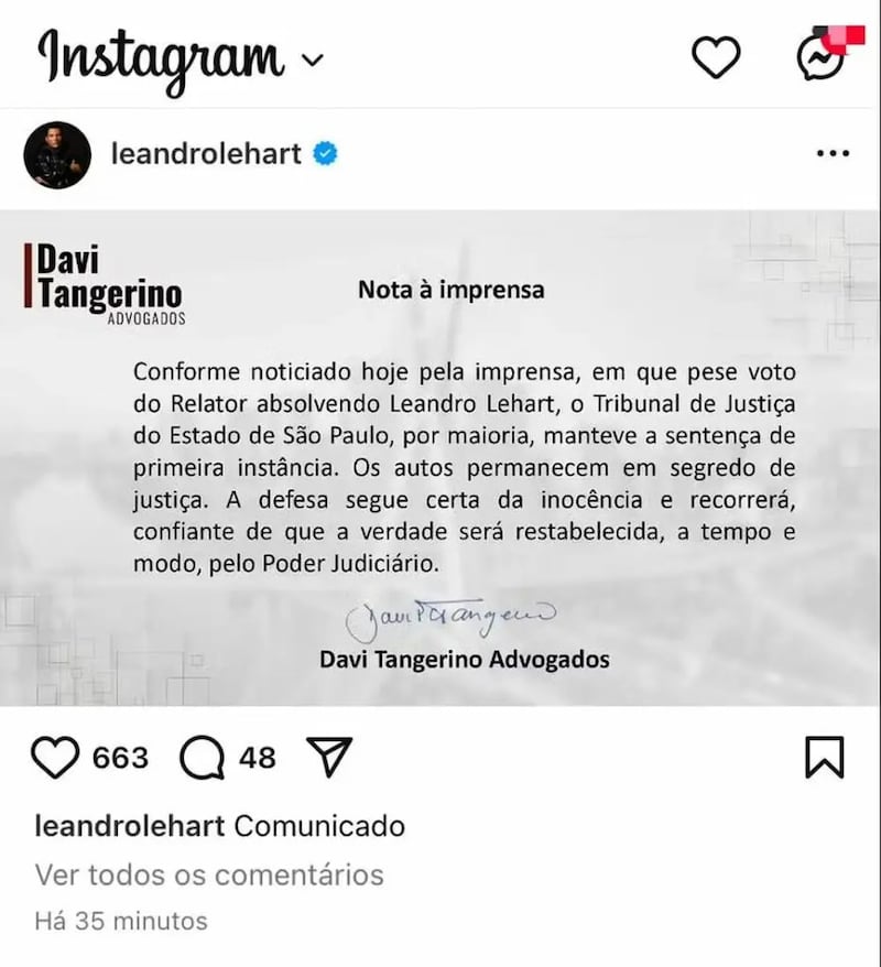 Defesa de Leandro Lehart diz que vai recorrer da decisão judicial