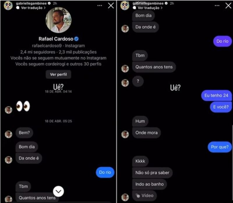 Gabrielle Gambine expõe mensagens trocadas com Rafael Cardoso