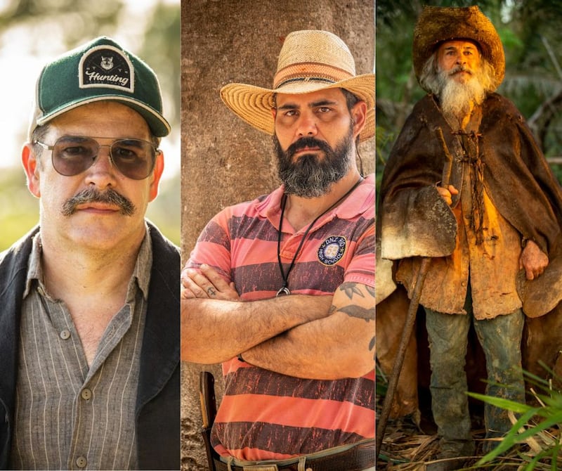 Pantanal: Tenório (Murilo Benício), Alcides (Juliano Cazarré) e Velho do Rio (Osmar Prado)