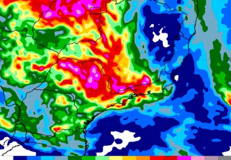 Simulação do modelo Cosmo/Inmet para o acumulado de chuva deste final de semana