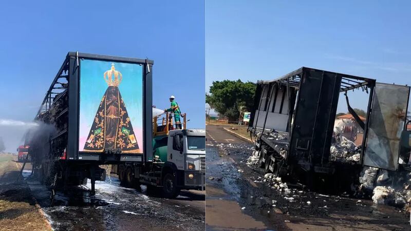 Chamas destroem carreta, mas imagem de Nossa Senhora Aparecida fica intacta