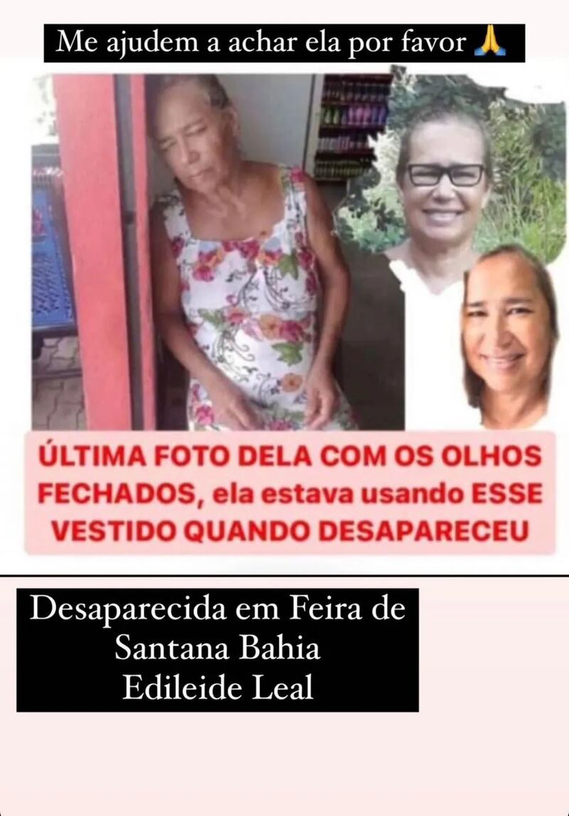 Ela foi vista pela última vez em Feira de Santana, na Bahia