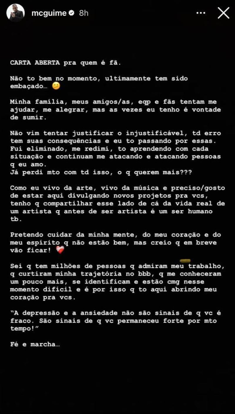 MC Guimê usa Instagram para falar sobre ansiedade e depressão