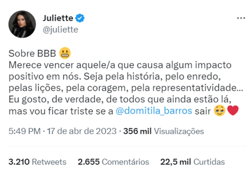 Juliette Freire apoia permanência de Domitila Barros no BBB 23