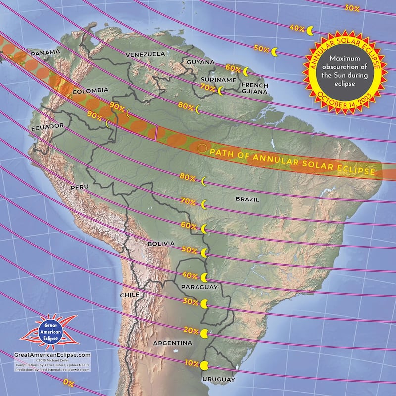 Mapa del eclipse solar anular del 14 de octubre de 2023