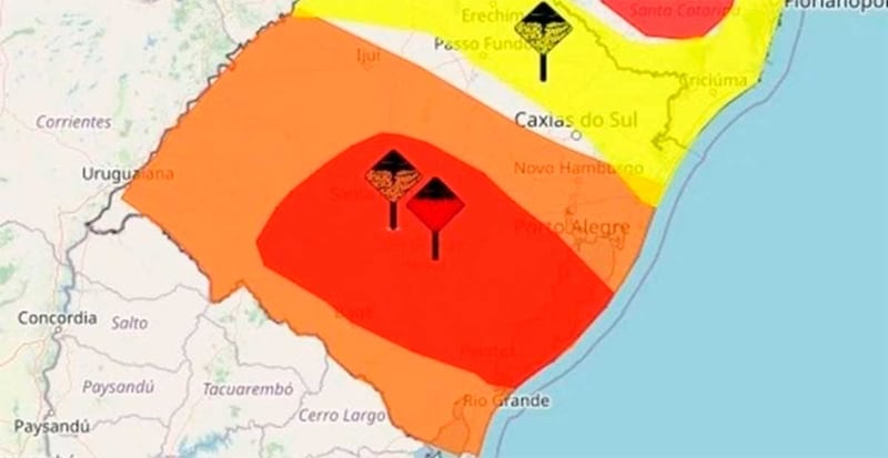 Alerta de risco para chuva no RS emitido pelo INMET