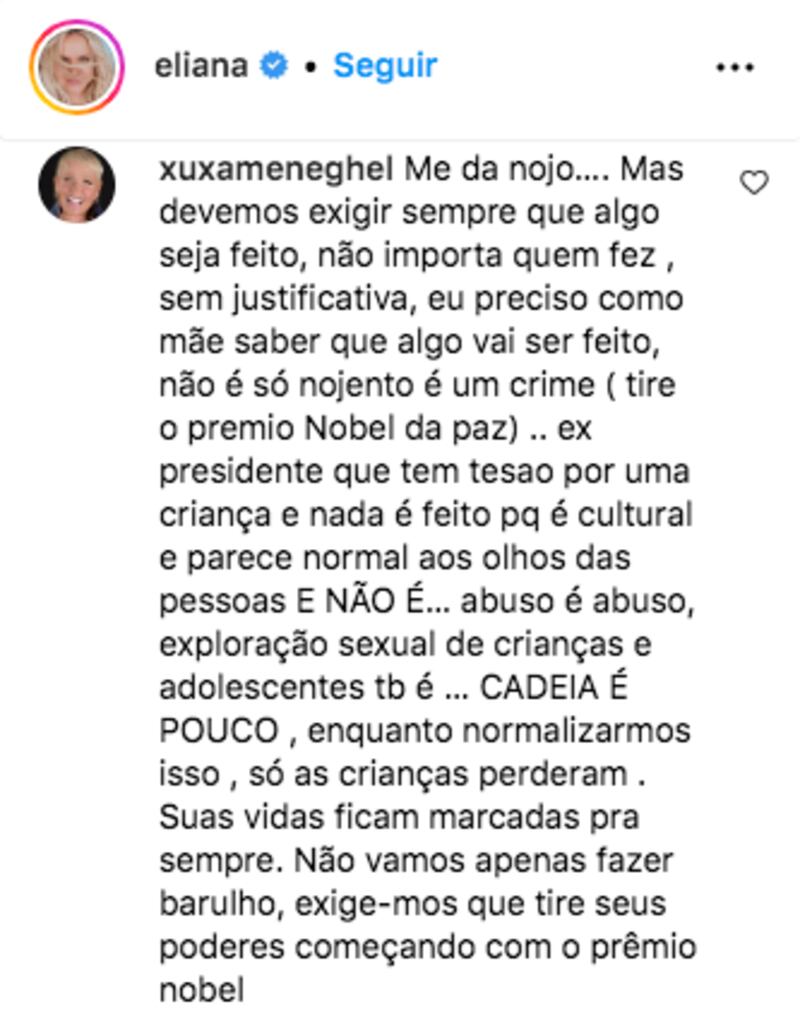 Comentário de Xuxa em foto de Eliana