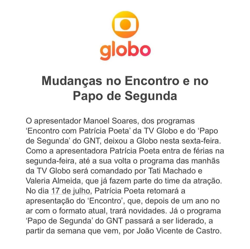 Manoel Soares deixa Rede Globo