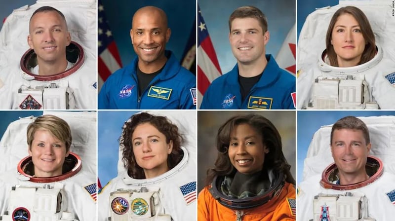 Randy Bresnik, Victor Glover, Jeremy Hansen, Christina Koch, Anne McClain, Jessica Meir, Stephanie Wilson y Reid Wiseman. Fotos de la NASA, recopilación de CNN